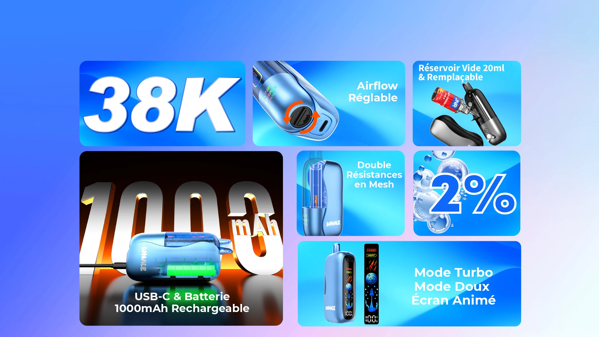 JNR Whale 38K kit pod rechargeable et rempla&ccedil;able avec &eacute;cran anim&eacute;